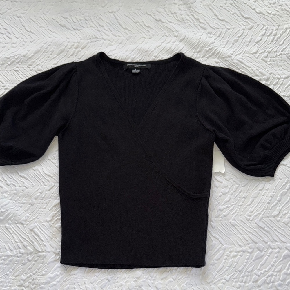 French Connection Black Fitted Puff Sleeve Top 100% Cotton NWT S